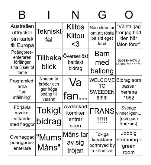 EUROVISION  Bingo Card