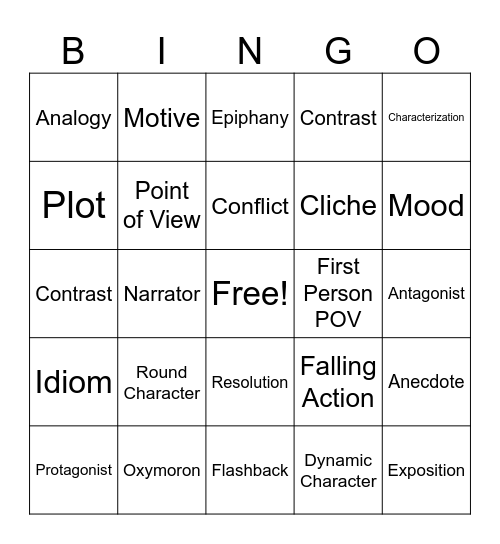 Short Story Bingo Card