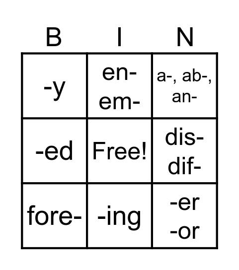 Morphology Madness Bingo Card