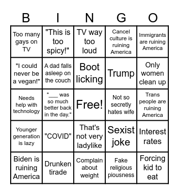 Toxic Boomer Thanksgiving Bingo Card