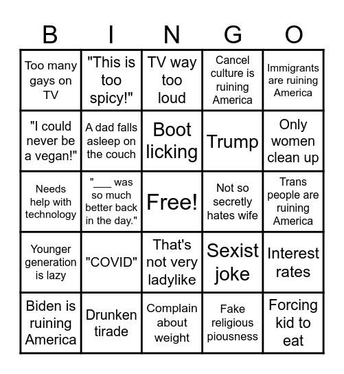 Toxic Boomer Thanksgiving Bingo Card