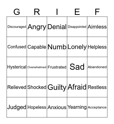 Feelings of Grief Bingo  Bingo Card