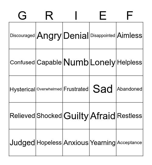 Feelings of Grief Bingo  Bingo Card