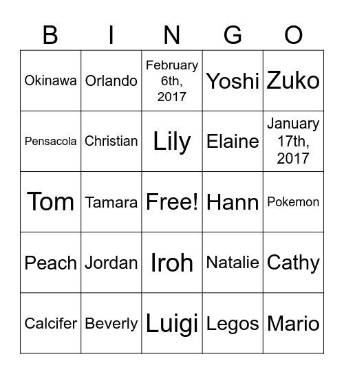 Princess Lilys' Bingo Card
