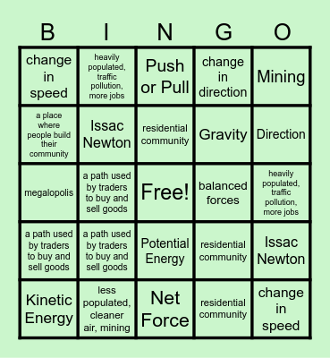 Geography/Science Bingo Card