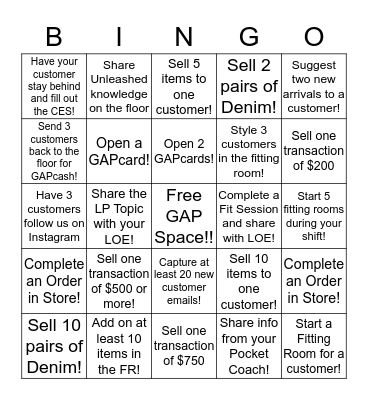 GAP Millenia Unleashed BINGO Card