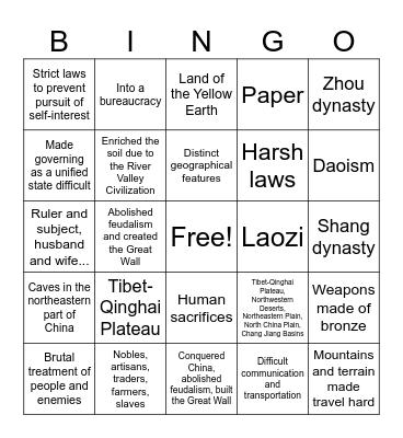 Ancient China Bingo Card