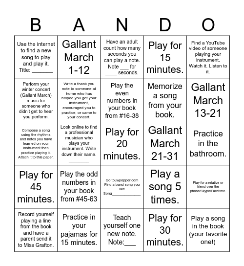 Fall Break Advanced Band BANDO Bingo Card