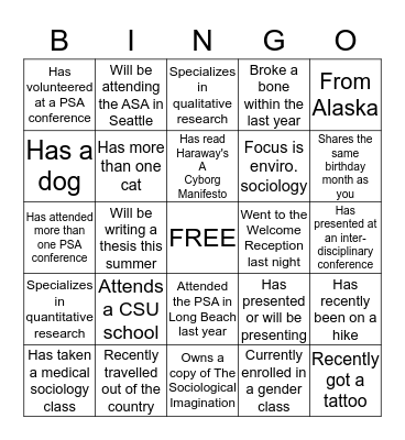 PSA Bingo Card