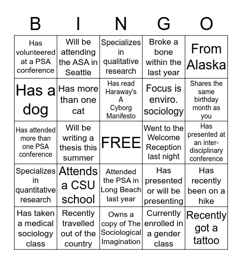 PSA Bingo Card