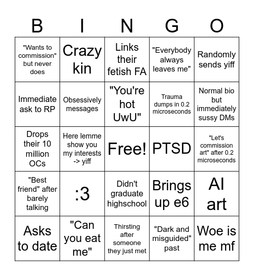 Furry Red Flag DMs Bingo Card