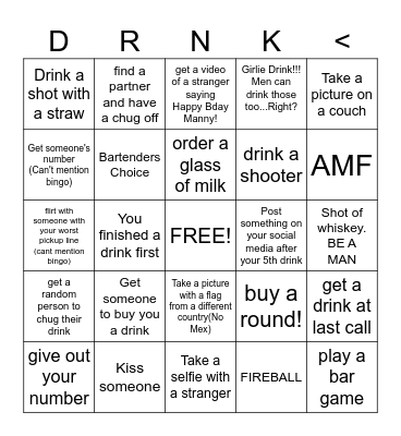 Alcohol Bingo Card