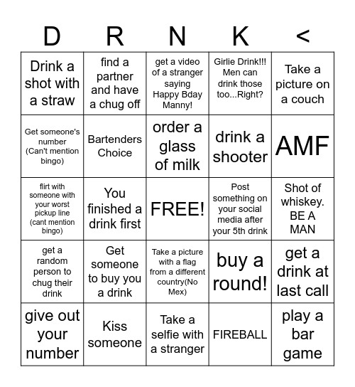 Alcohol Bingo Card