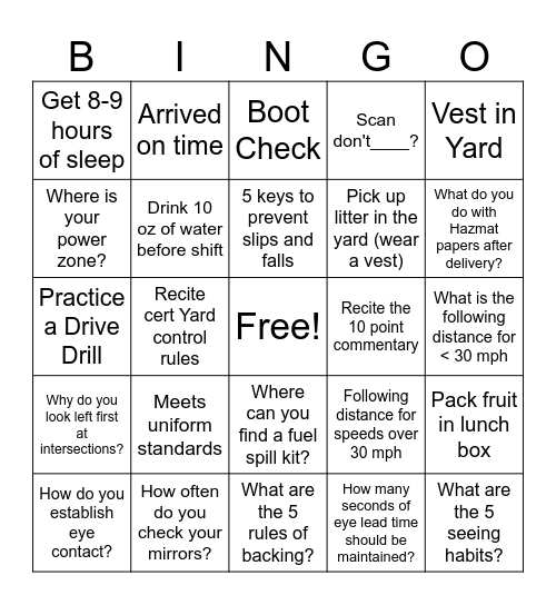 Driver Safety Black Out Bingo Card