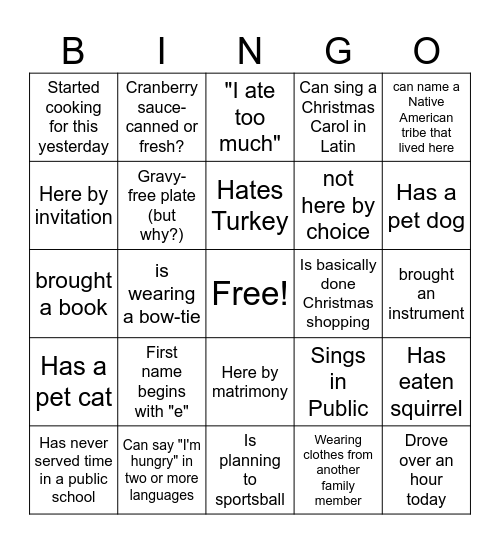 Happy Thanksgiving!! Bingo Card