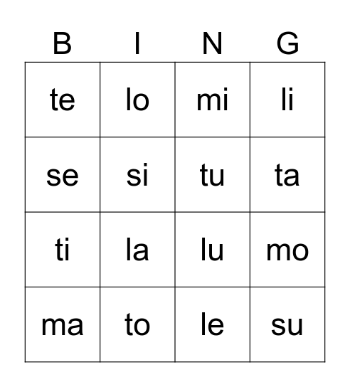 Silben Bingo Card