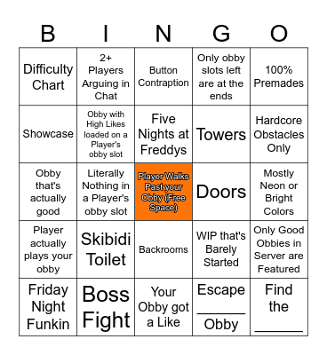 Roblox Obby Creator Bingo Card