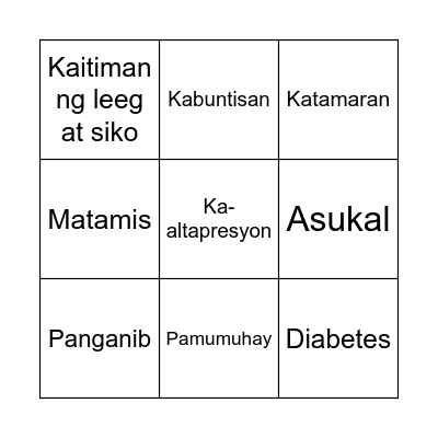 Diabetes Risk Bingo Card