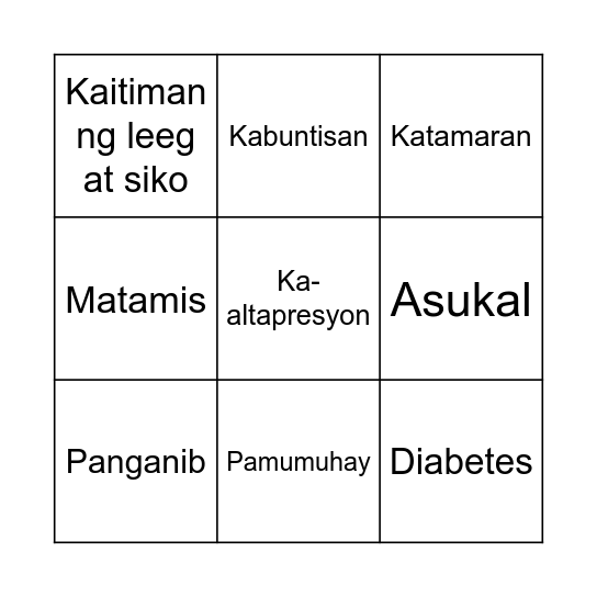 Diabetes Risk Bingo Card