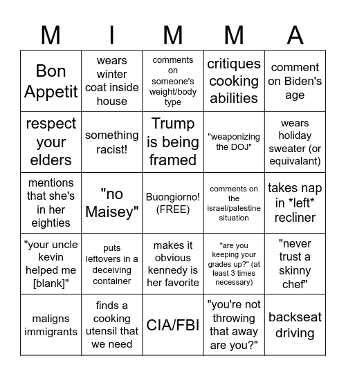 nonna-isms Bingo Card