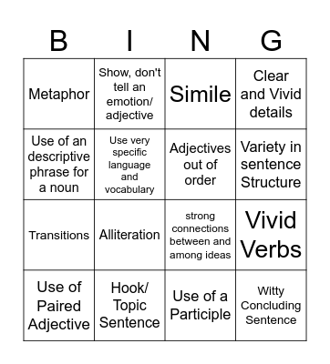 Expository Writing Bingo Card
