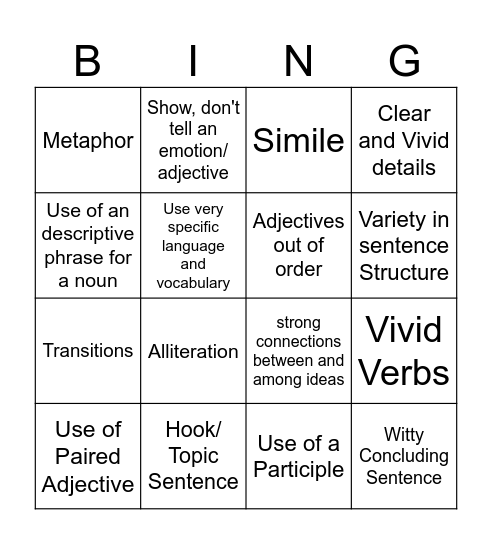 Expository Writing Bingo Card