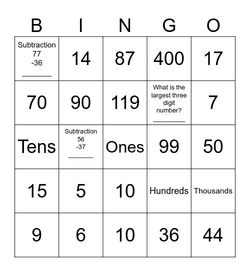 Add/Sub/Mult/Div Math Review Bingo Card