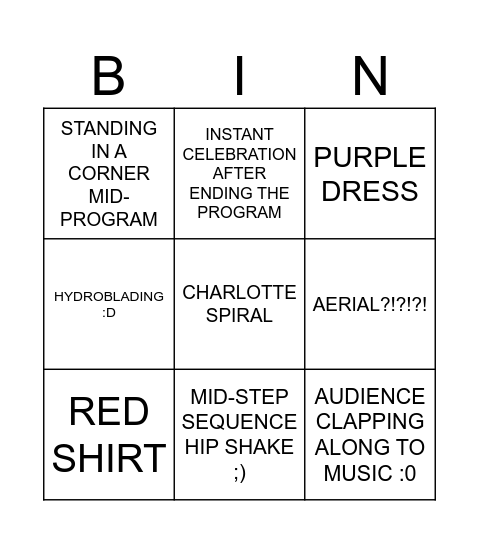 UBCFSC Figure Skating Bingo Card