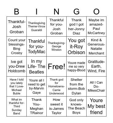 Thankful songs Bingo Card