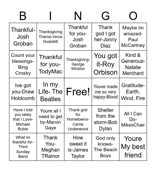 Thankful songs Bingo Card