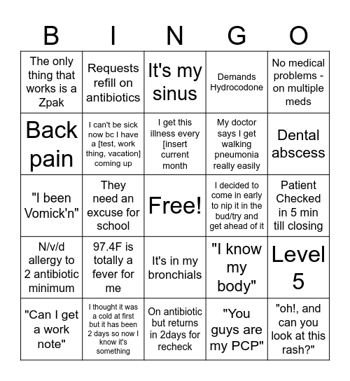 Urgent Care Bingo Card