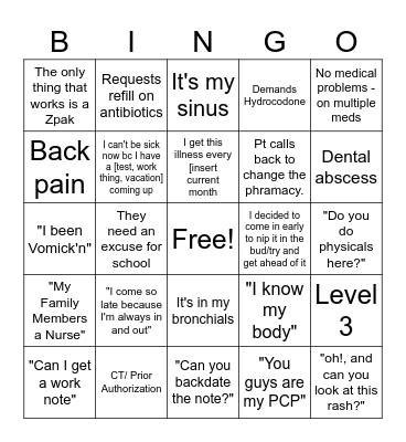 Urgent Care Bingo Card