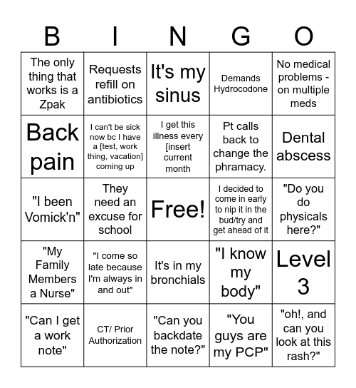 Urgent Care Bingo Card