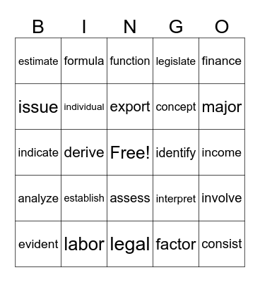 Academic Word List Bingo Card