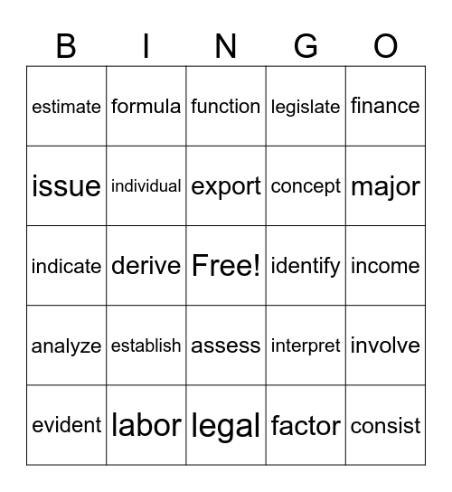 Academic Word List Bingo Card