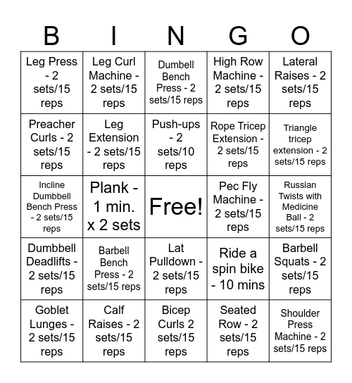 PE 9 Weight Room Bingo Card