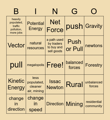 Geography/Science Bingo Card