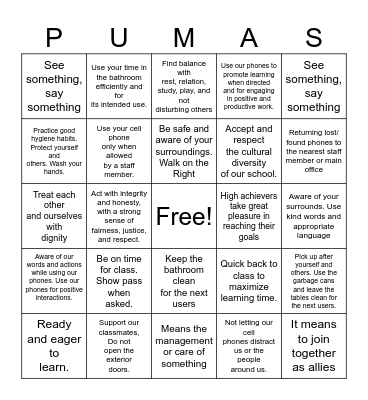 Puma Expectations Bingo Card