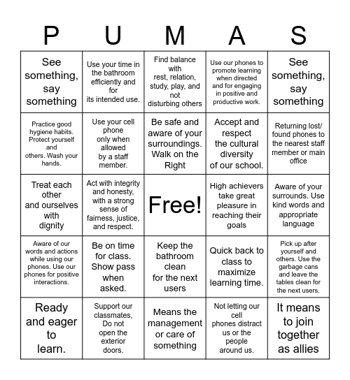 Puma Expectations Bingo Card