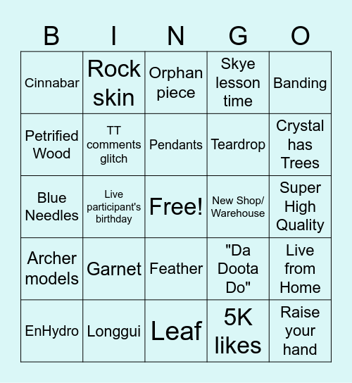Skye Fam Crystals Bingo Card