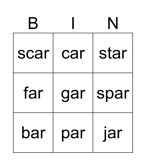 -AR Word Bingo Card