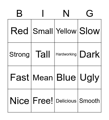 Adjective Bingo Card
