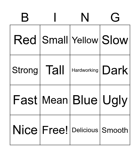 Adjective Bingo Card
