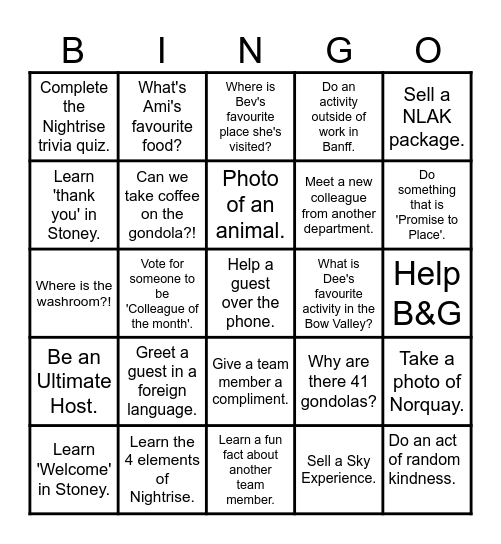 Banff Gondola GE Superstar Bingo Card