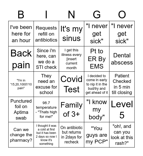 Urgent Care Bingo Card