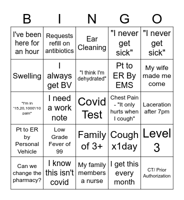 Urgent Care Bingo Card