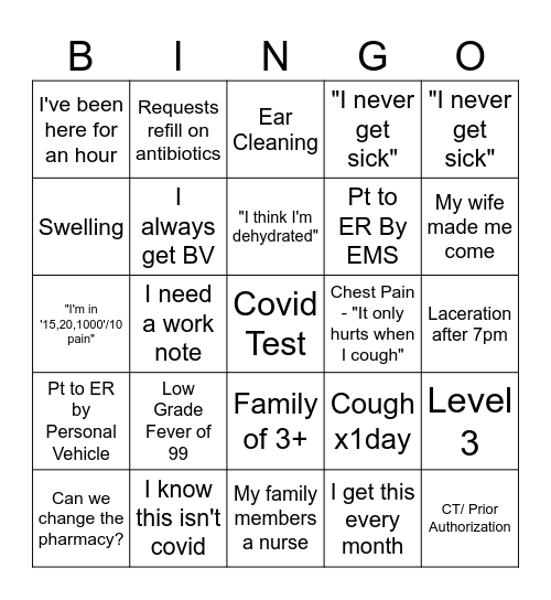 Urgent Care Bingo Card