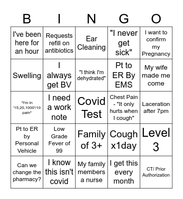 Urgent Care Bingo Card