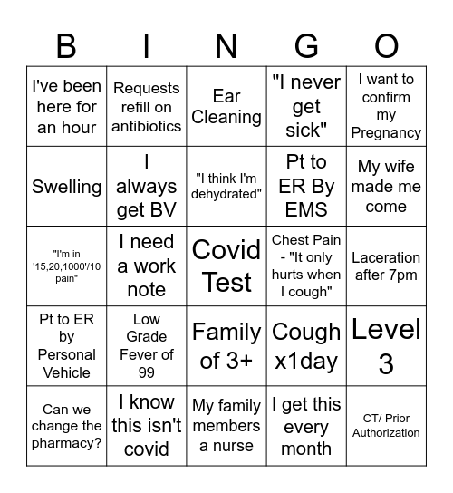 Urgent Care Bingo Card
