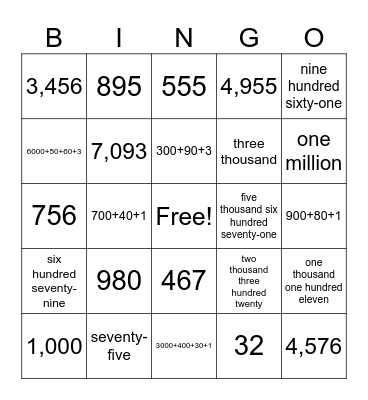 Place Value Bingo Card